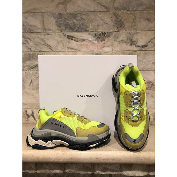 Balenciaga Triple S Sneaker Neon Yellow Grey Speed Flat Trainer 42 Mens US 9 - Picture 4 of 12